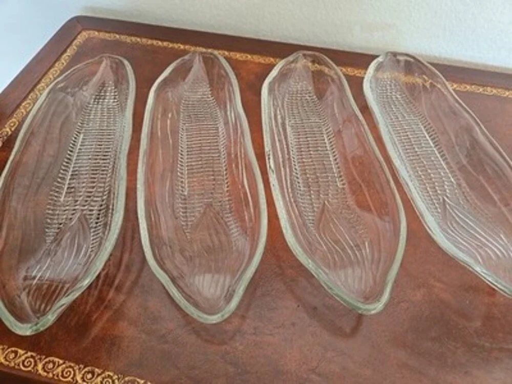 Vintage CORN ON THE COB Holders Clear Pressed Heavy GLASS DISHES Plates - 4